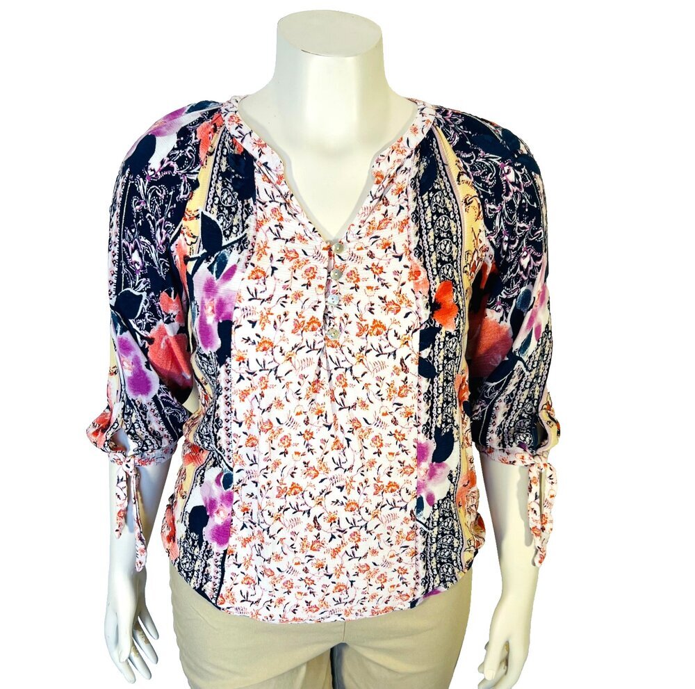 Figueroa & Flower Blouse Womens M Cottage Floral Henley Neck 3/4 Sleeve Tie Cuff